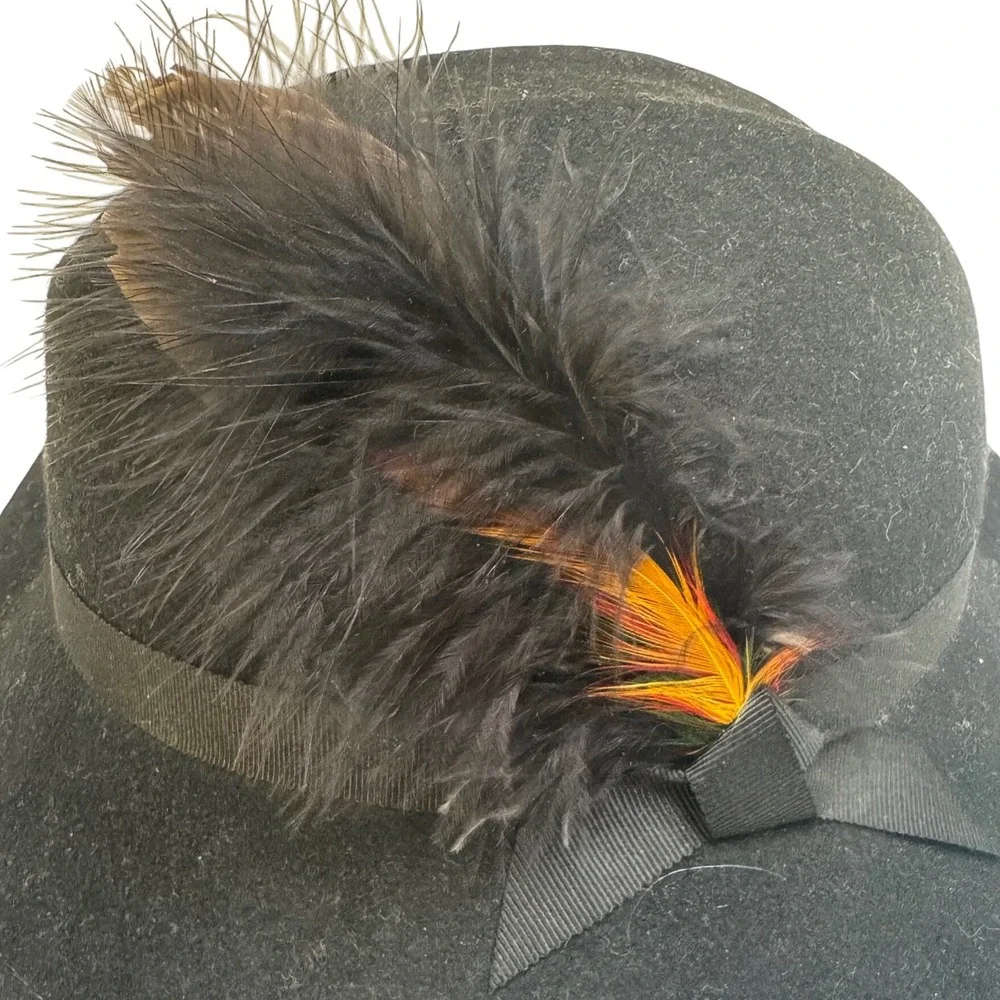 Vintage Lancaster Black 100% Wool Fedora Hat Feather Accent Made USA Unisex